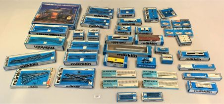 Large box of Marklin boxed track, buildings, coaches, tankers, wagons, signals, cable, lighting