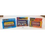 2 boxed Matchbox SuperKings buses and 1 boxed Dinky Routemaster bus