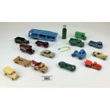 13 loose Matchbox vehicles and 1 petrol pump