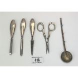 3 silver handled manicure items, silver handled scissors and Egyptian brass spoon