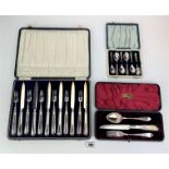 3 cased cutlery sets – set of 6 teaspoons, 3 piece knife, fork & spoon set and 12 piece fruit set