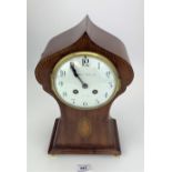 Mahogany inlaid 2 hole Pearce & Sons, Leeds mantle clock, 12”h x 7”w. With pendulum. Working