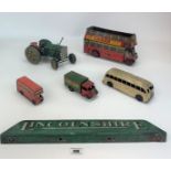 4 wind-up tin vehicles, Chad Valley tin bus and tin Lincolnshire sign