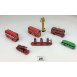 Loose Matchbox vehicles – 4 buses, 1 fire engine and 2 petrol pumps