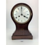 Mahogany inlaid 2 hole mantle clock, with pendulum, 12”h x 7”w