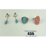 Silver and coral ring size M, silver turquoise ring size L and pair of plated/turquoise earrings