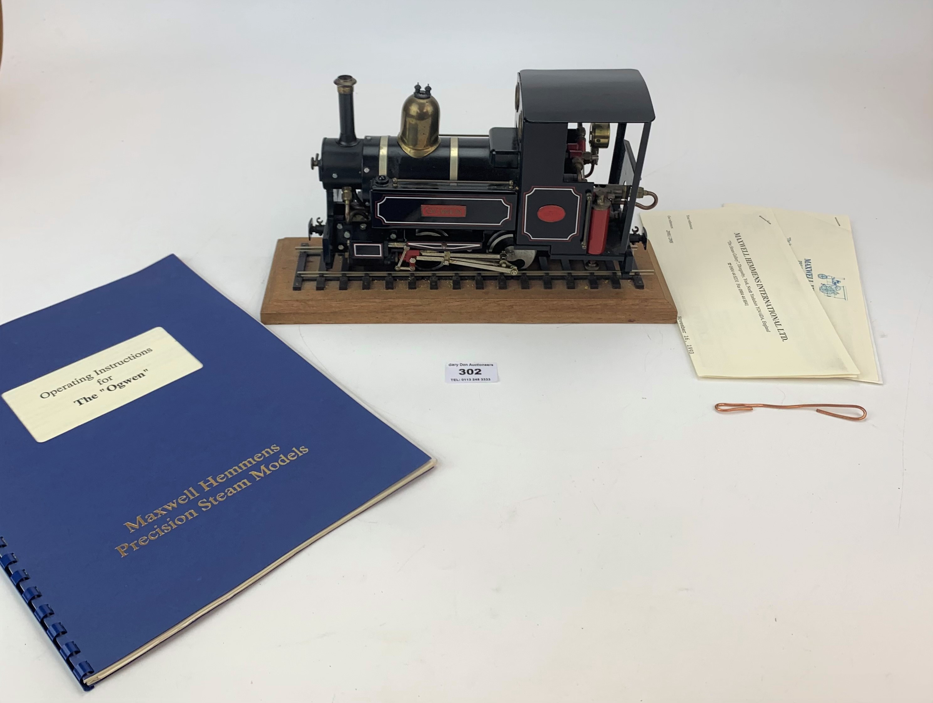 Steam train ‘Ogwen’ wood base and rail and receipt from Maxwell Hemmens Precision Steam Models
