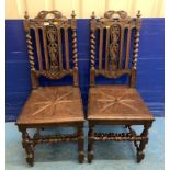 2 highbacked carved twist oak hall chairs, 17”w x 16” d x 42”h