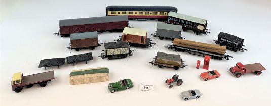 Assorted loose coaches, wagons, miniature vehicles and accessories inc. Hornby