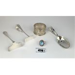5 Silver items – napkin ring, 2 baby pushers, spoon and ring with blue stone, total w: 2.7 ozt