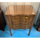 Oak shaped cutlery cabinet with 5 drawers of plated bone handled cutlery. 21”w x 15”d x 30”h