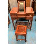 Oriental mahogany dressing table with lift up mirror and fitted compartments and matching stool