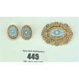 Dress brooch 1.75” long and clip on earrings by Sphinx with blue turquoise stones