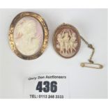 2 x 9k gold rimmed cameo brooches, 1.5” & 1”, total w: 12 gms