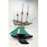 2 wooden boats galleon ‘Ark Royal’ high and sailboat 17” long x 19”high