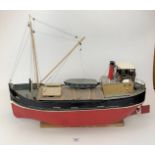 Wooden model steam boat ‘Cambria, Glasgow’ on plinth with Mamod engine, 28” long x 21”high