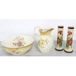 Pair of Victorian opaline glass cylinder vases, with painted decoration of floral sprays, 12.5"