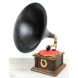 Mechanical wind up table gramophone, with lacquered metal horn, 19.5" diameter horn opening