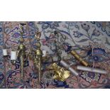 Selection of decorative light fittings; pair of brass three sconce candelabra, assorted picture