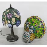 Tiffany style table lamp with stained glass roses shade, 17" high; together with a Tiffany style