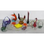 Selection of Murano type coloured glass figures including fish, cockerel, snail etc; together with