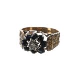 9ct sapphire and diamond cluster ring, 10mm, 2.9gm, ring size I/J