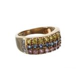 Pretty 9ct sapphire and diamond band ring, consisting of three rows of blue, yellow and pink