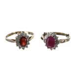 9ct gem set and diamond oval cluster ring; also a 9ct garnet set cluster ring, 4.9gm (2)