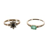 9ct emerald and diamond ring, also a 9ct sapphire and cz ring, 3.3gm (2)