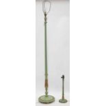 Green and gilt highlighted painted standard lamp, with leaf base and reeded support, 55" high