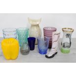 Selection of assorted decorative glass vases including Laguna Art Glass wellington boot vase, and