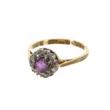 18ct amethyst and diamond cluster ring, 9mm, 3gm, ring size N (stone missing)