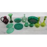 Selection of green glassware to include a pair of painted decorated decanters, jug, vase, fruit bowl