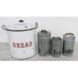 Vintage enamelled bread bin, 11.5" diameter, 13.5" high; together with three vintage galvanised