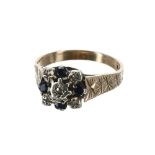 9ct sapphire and diamond cluster ring, 10mm, 2.9gm, ring size M