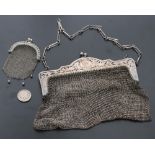 German silver mesh link evening bag with a short link chain, 6" wide; also a miniature example (2)