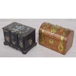 Victorian figured walnut and brass bound dome top work box, the hinged cover with engraved strapwork