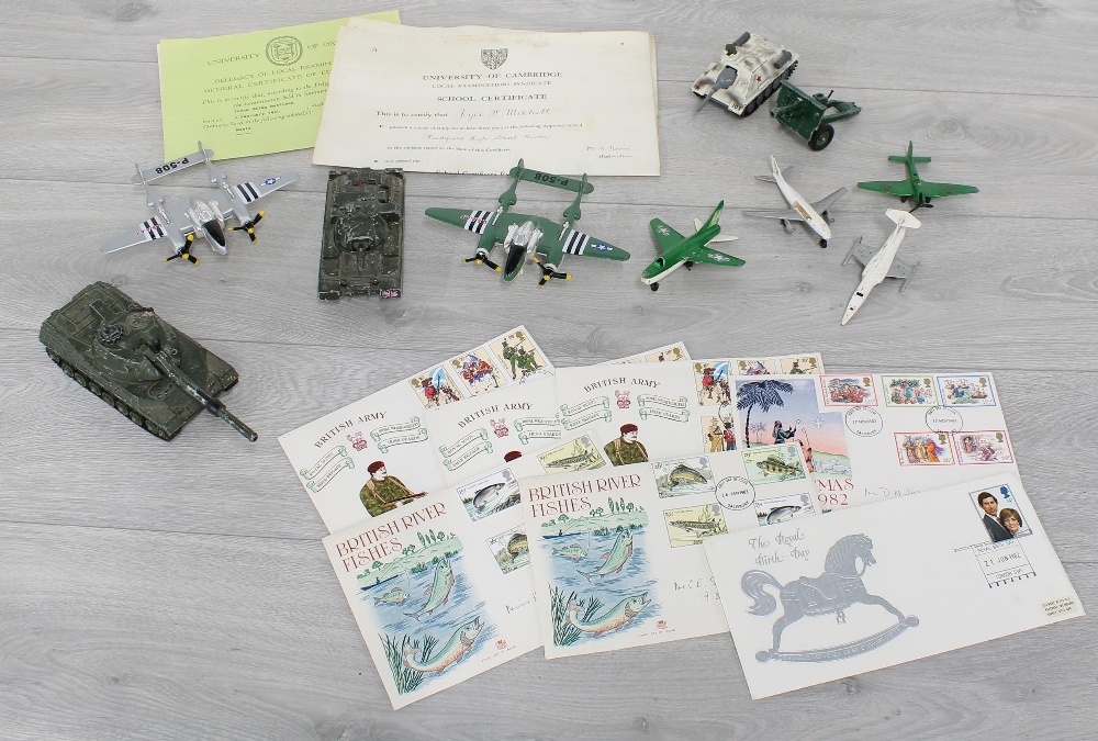 Selection of assorted vintage toys and ephemera including Dinky/ Corgi/ Matchbox etc., military