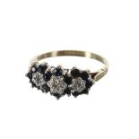 9ct sapphire and diamond triple cluster ring, 9mm, 2.5gm, ring size N