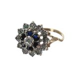 9ct sapphire and diamond cluster ring, 15mm, 3gm (twisted shank)