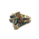Attractive 9ct sapphire and diamond dress ring, with a marquise shaped centre stone, 16mm, 3.5gm,