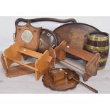 Selection of assorted treen items; to include a small coopered barrel, shield hall mirror/ hooks,