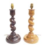 Mulberry - Two similar oak twist carved table lamps, light and dark, 15" high including fitting (2)