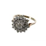 Large 9ct diamond cluster ring, 15mm, 3.2gm, ring size N/O
