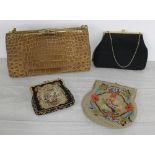 Vintage croc leather handbag, 13" wide, 8" high; together with tapestry evening bag and another