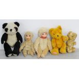 Five vintage stuffed toys, three bears and two monkeys, largest panda bear 9.5" high