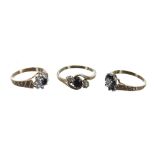 Three 9ct sapphire dress rings, one cz and two diamond set, 5.1gm (3)