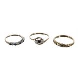 Three 9ct sapphire set dress rings, two with diamonds, 4gm (3)