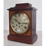 Gustav Becker mahogany and walnut three train mantel clock, the movement striking on a gong, the