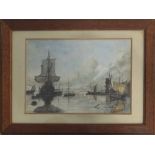 English School (19th/20th century) - possibly Van de Velde, boats in a harbour with a windmill